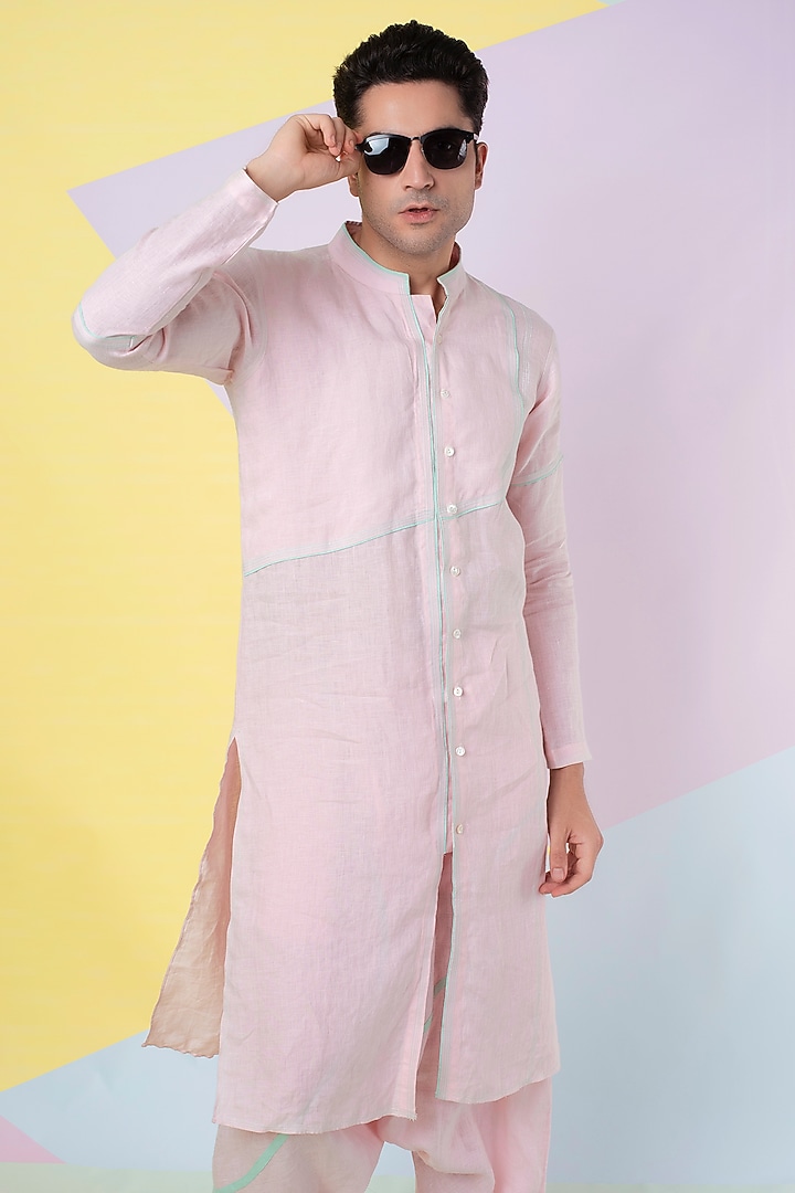 Pink Piped Kurta Set by Wendell Rodricks Men at Pernia's Pop Up Shop