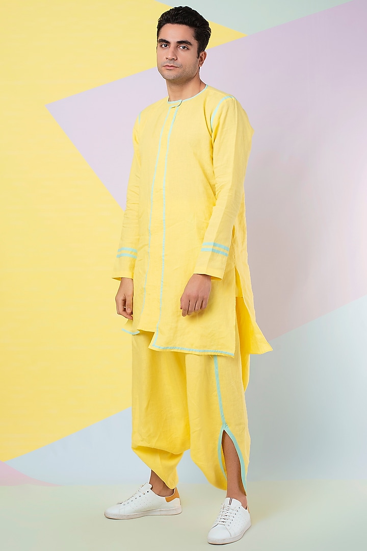 Yellow Linen Kurta Set by Wendell Rodricks Men