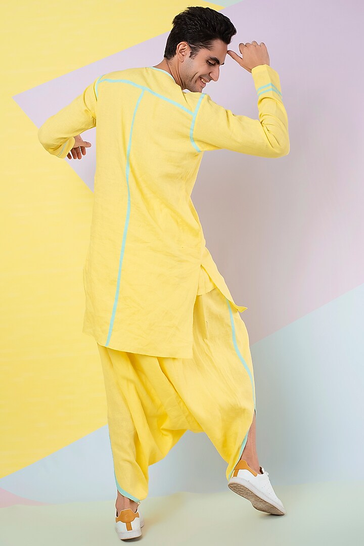Yellow Linen Kurta Set by Wendell Rodricks Men at Pernia's Pop Up Shop
