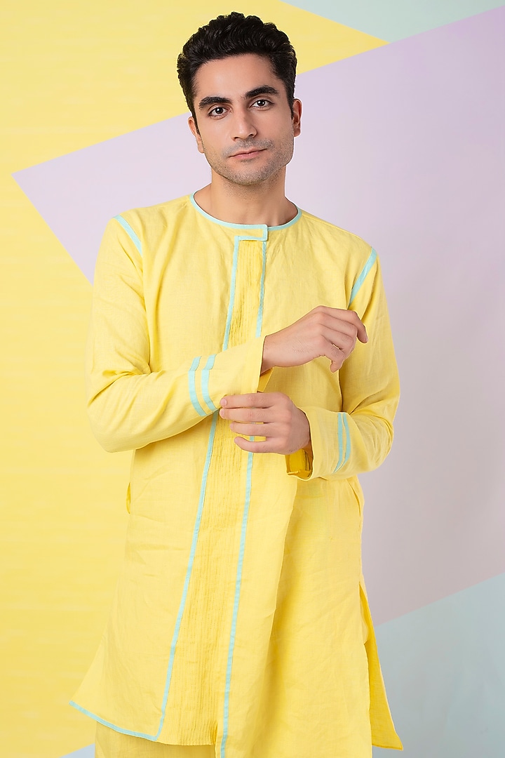 Yellow Linen Kurta Set by Wendell Rodricks Men at Pernia's Pop Up Shop