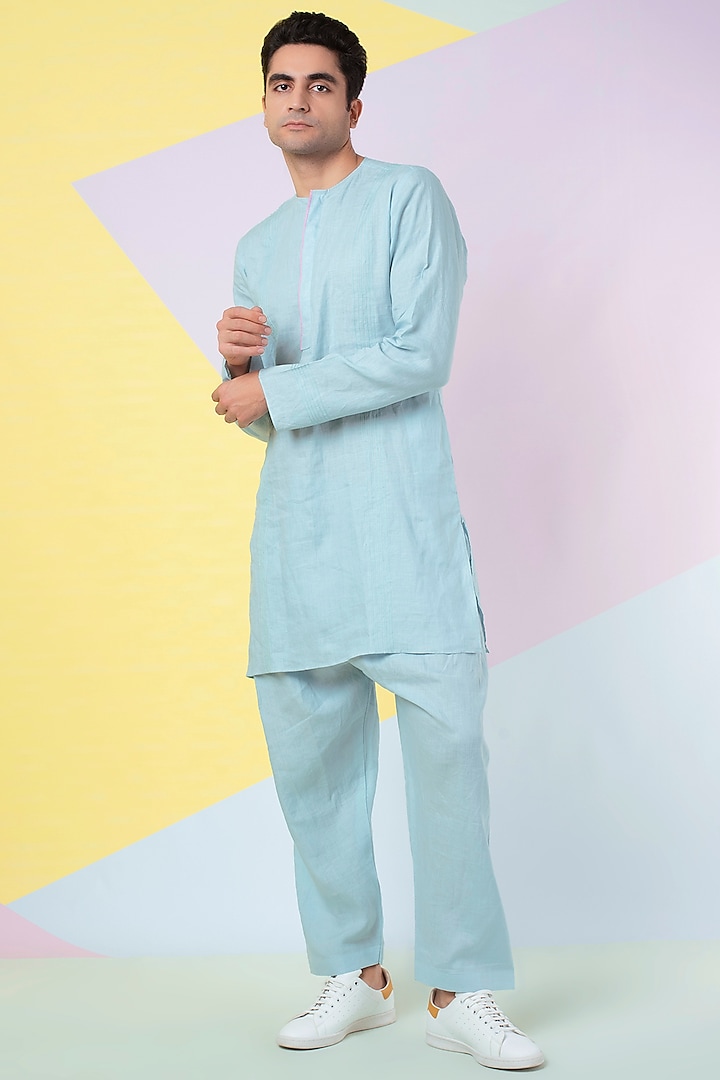 Pale Blue Linen Kurta by Wendell Rodricks Men