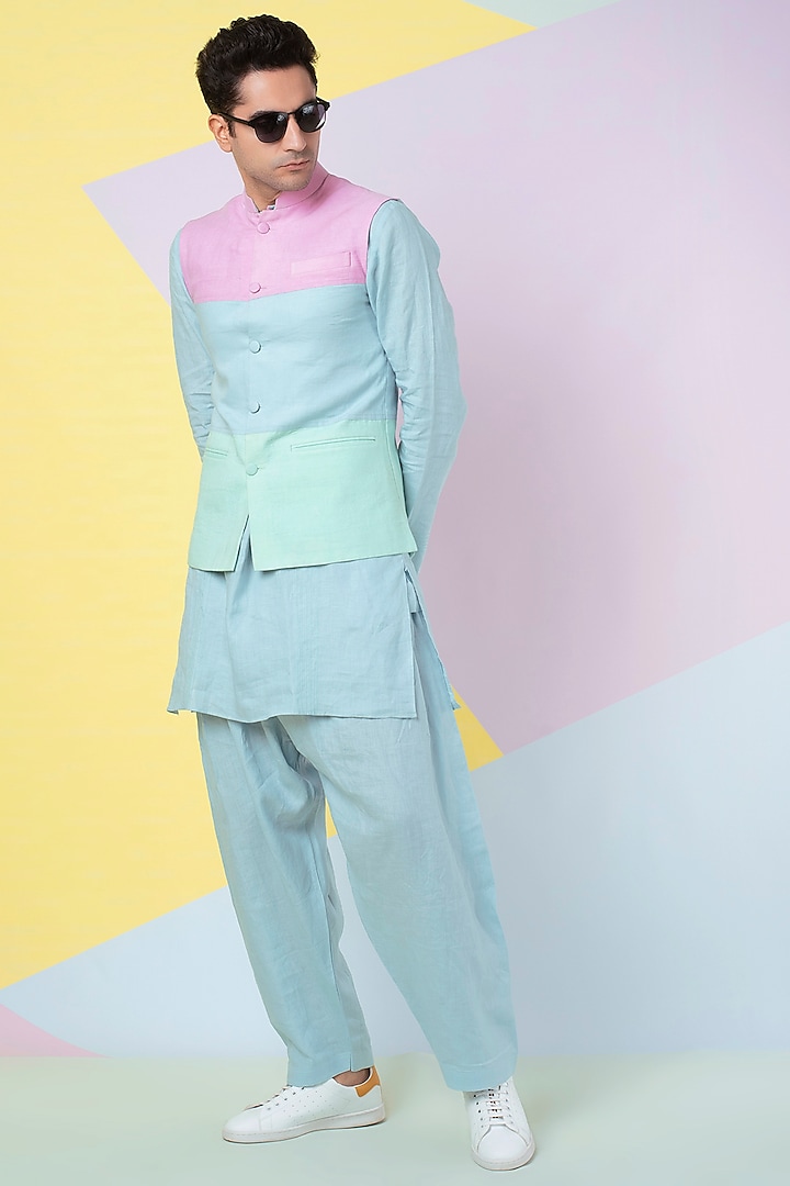 Pale Blue Linen Color-Blocked Bundi Jacket by Wendell Rodricks Men