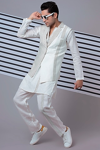 White Front Stripe Tape Pants by Wendell Rodricks Men