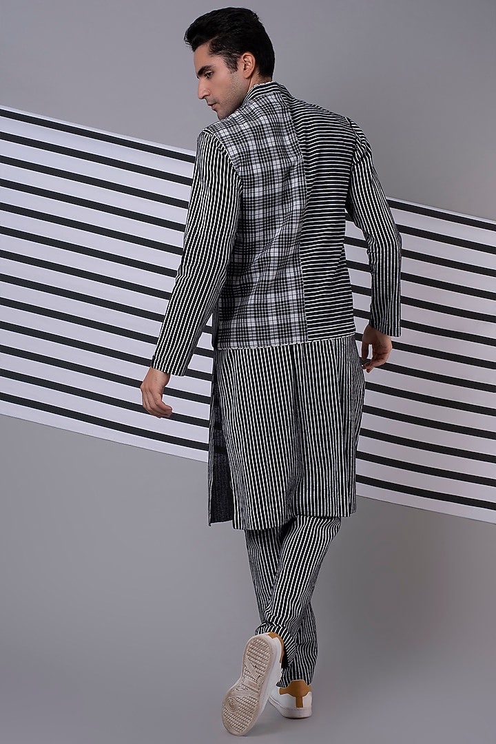 Black Handloom Cotton Patchwork Bundi Jacket With Kurta by Wendell Rodricks Men at Pernia's Pop Up Shop