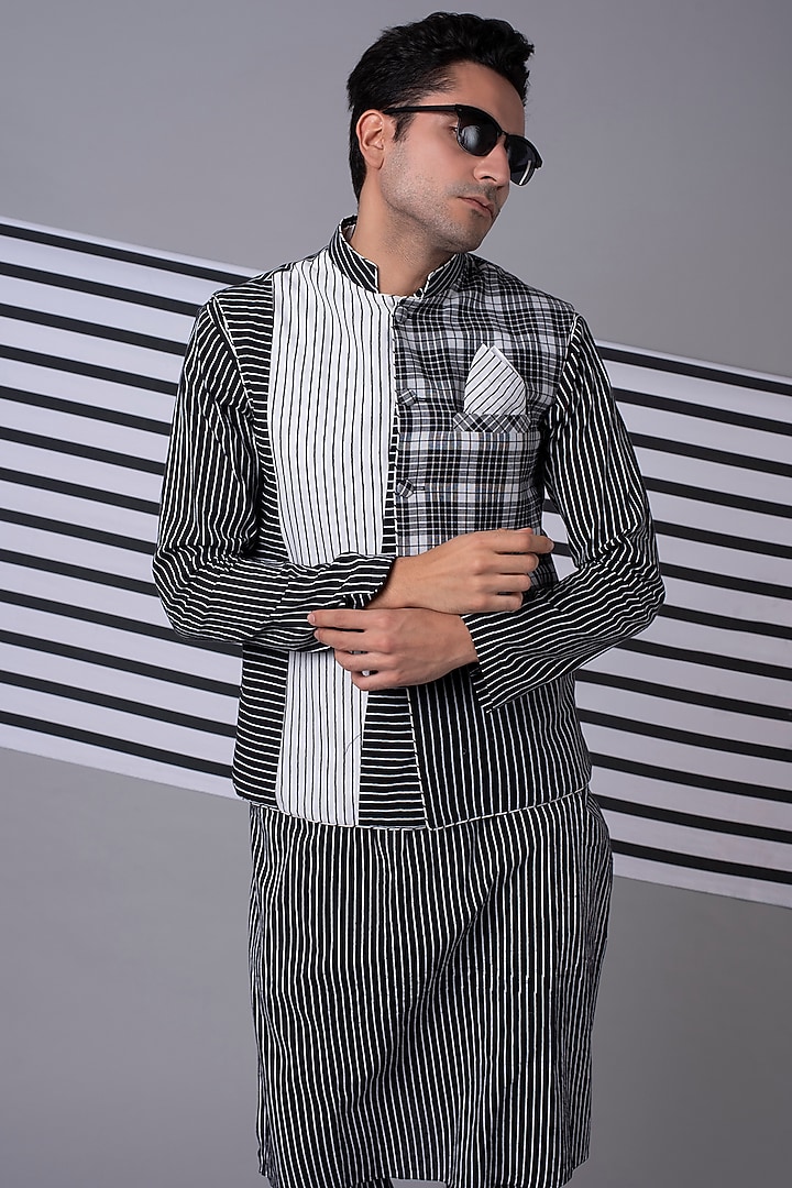 Black Handloom Cotton Patchwork Bundi Jacket With Kurta by Wendell Rodricks Men at Pernia's Pop Up Shop