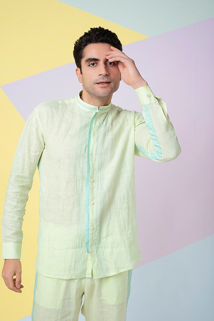 Lettuce Green Tape Detail Party Wear Shirt by Wendell Rodricks Men at Pernia's Pop Up Shop
