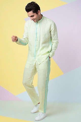 Lettuce Linen Green Tape Detail Pants by Wendell Rodricks Men