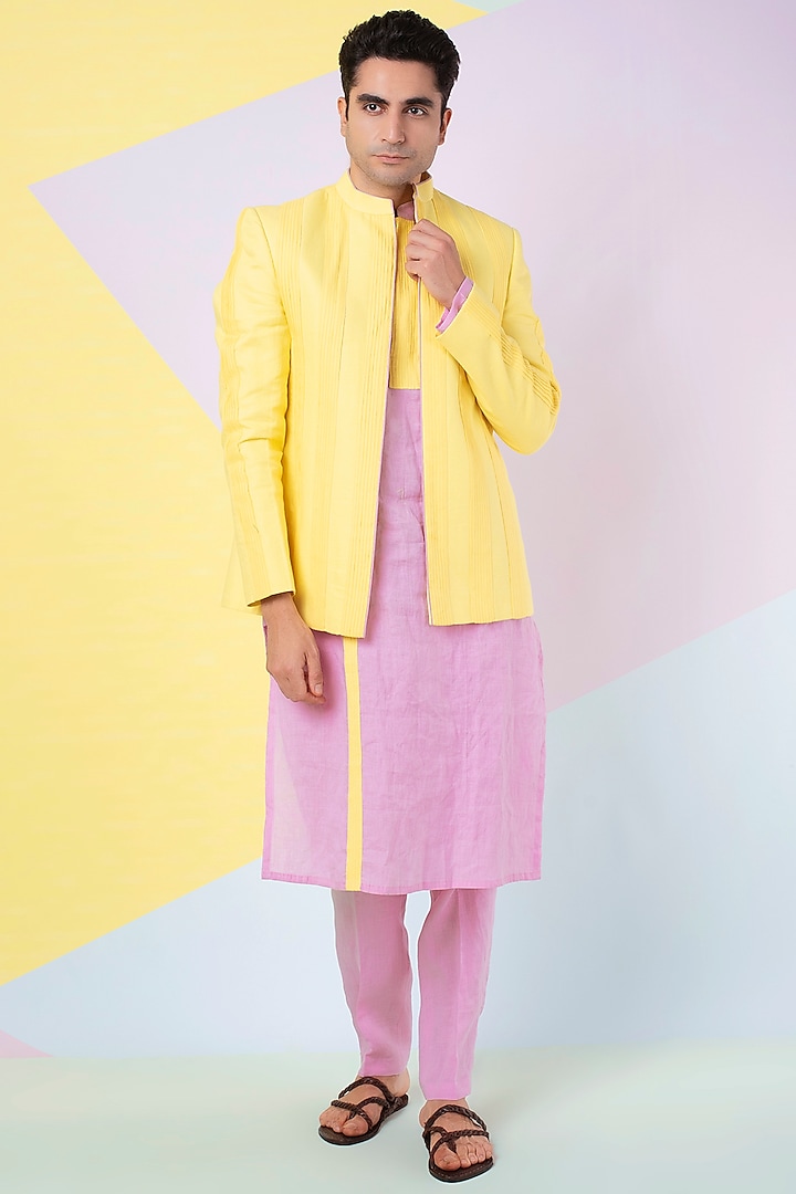 Yellow Pintucks Indowestern Jacket Set by Wendell Rodricks Men