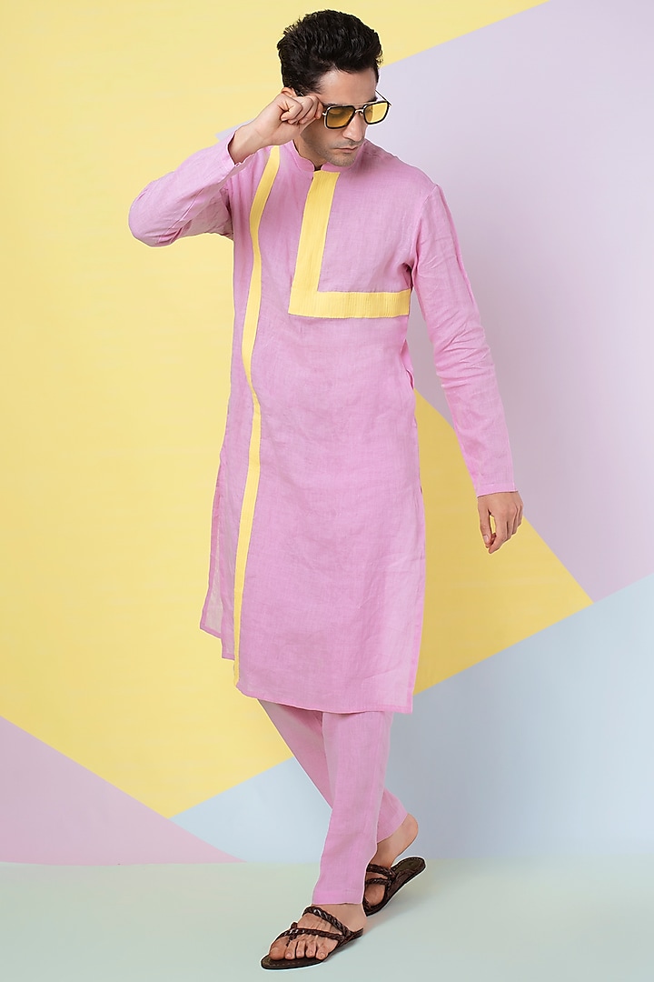 Lavender Kurta With Yellow Pintucks by Wendell Rodricks Men