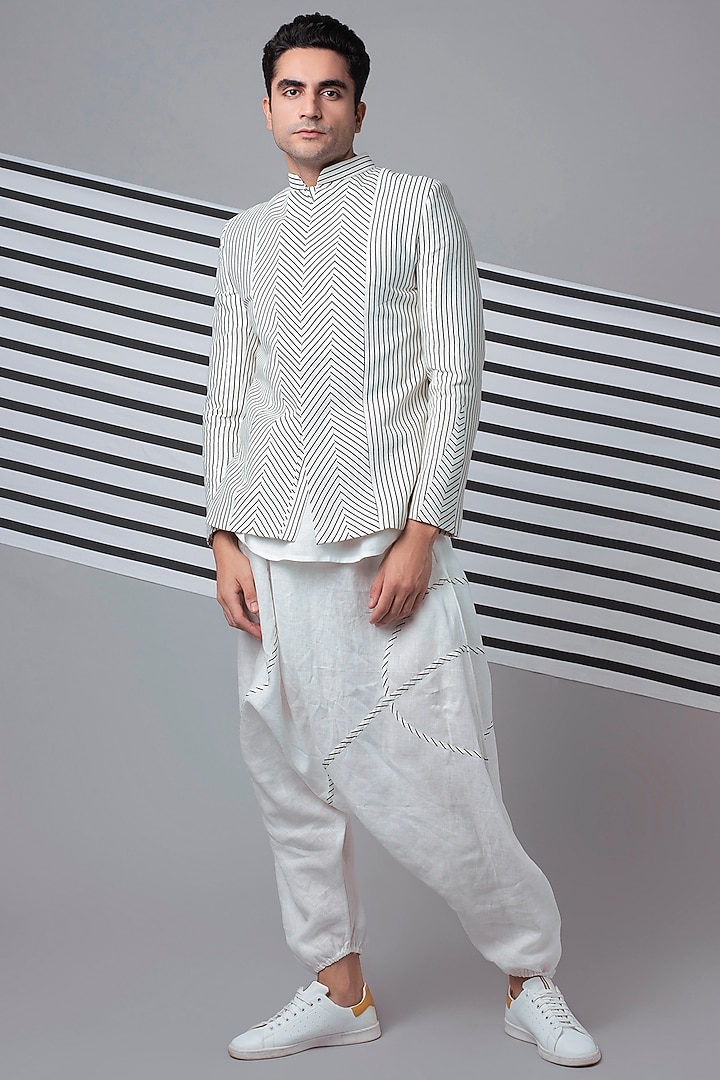 Ivory Striped Bandhgala Jacket Set by Wendell Rodricks Men at Pernia's Pop Up Shop