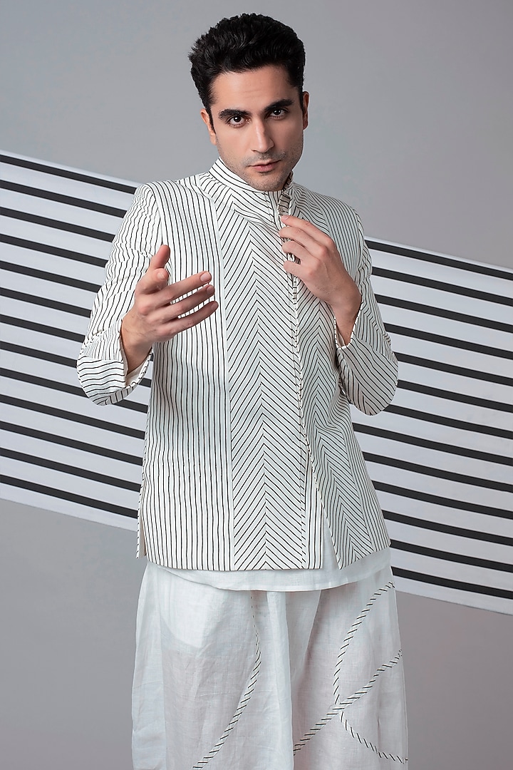 Ivory Striped Bandhgala Jacket Set by Wendell Rodricks Men at Pernia's Pop Up Shop