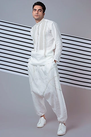 White Tape Detail Dhoti by Wendell Rodricks Men