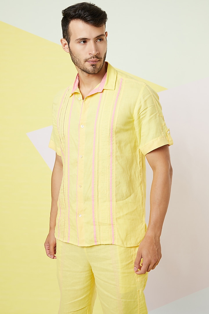 Irish Yellow Linen Party Wear Shirt by Wendell Rodricks Men at Pernia's Pop Up Shop
