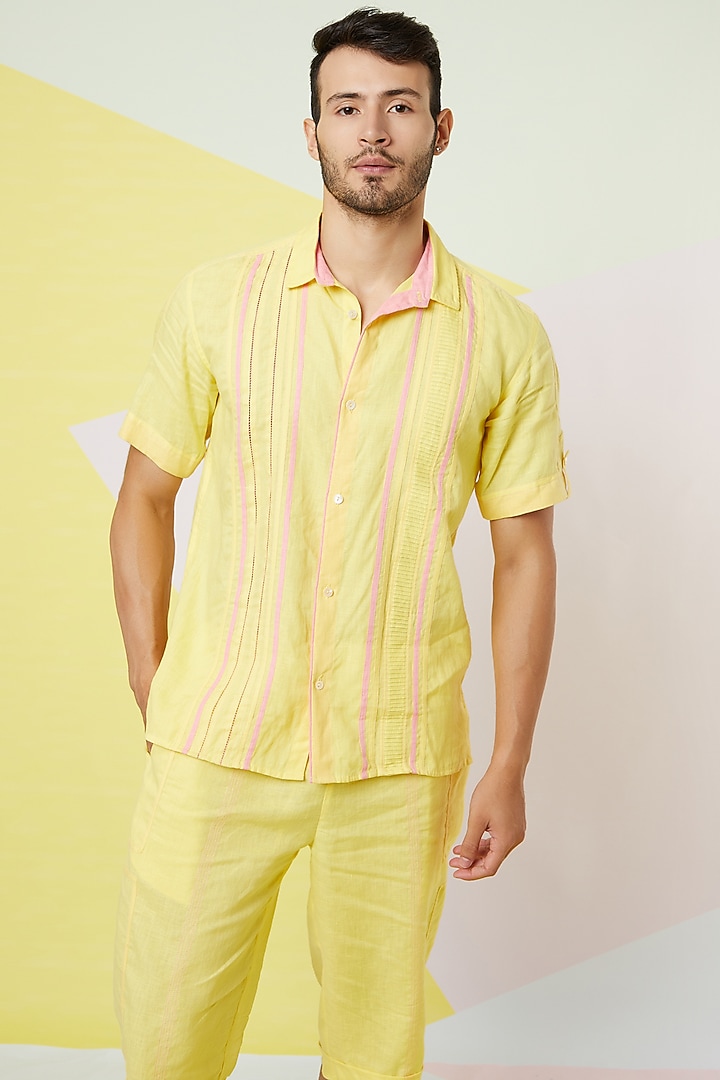 Irish Yellow Stitch Line Textured Co-Ord Set by Wendell Rodricks Men at Pernia's Pop Up Shop