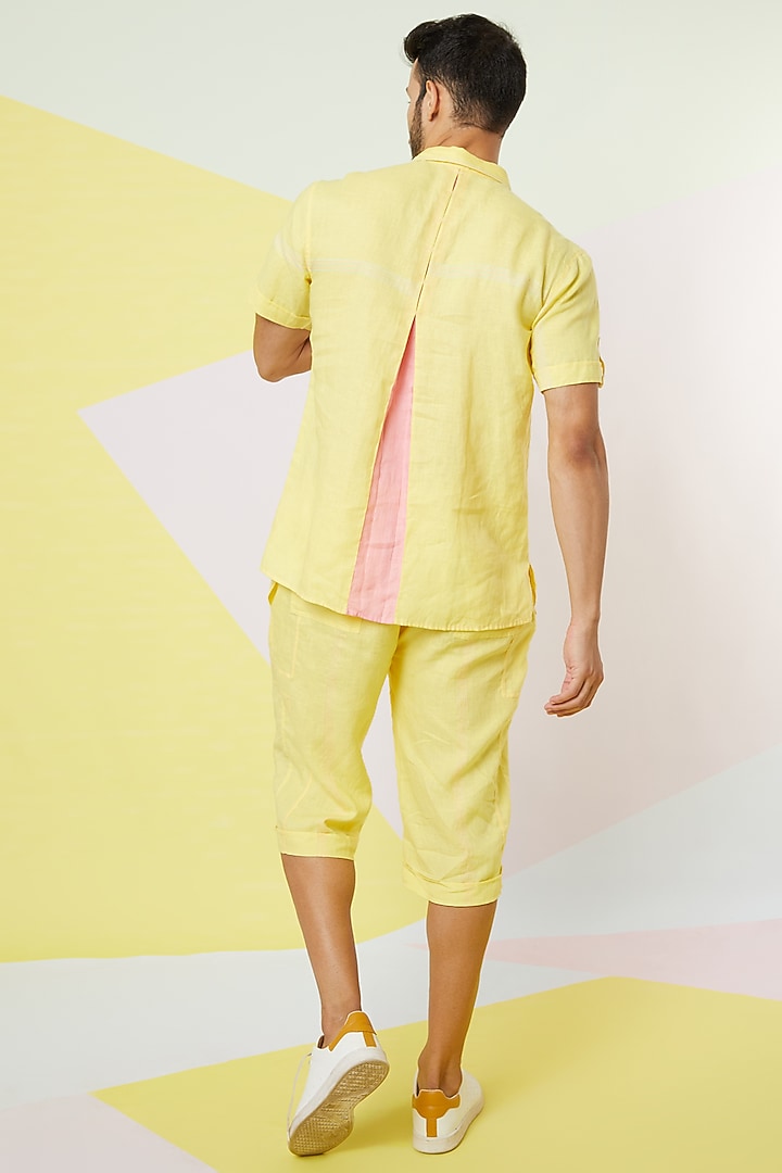 Irish Yellow Stitchline Textured Linen Shorts by Wendell Rodricks Men at Pernia's Pop Up Shop