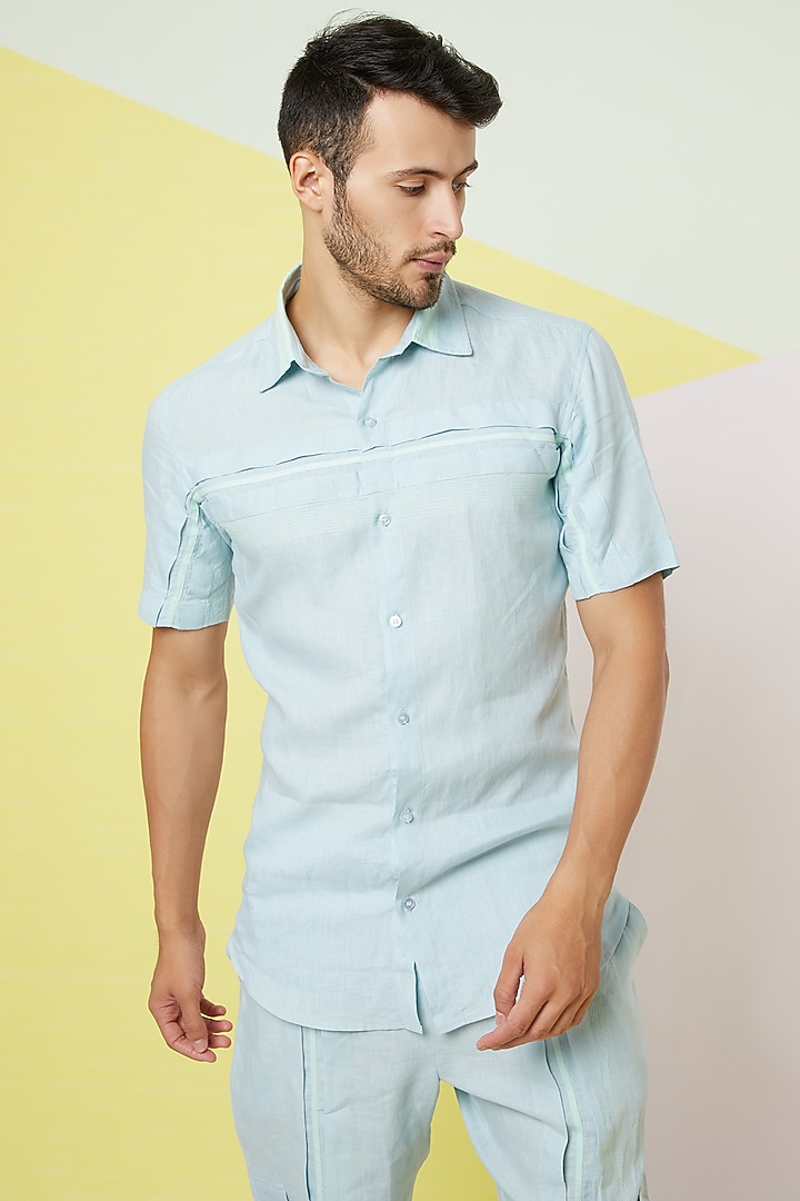 Sky Blue Invert Pleated Party Wear Shirt by Wendell Rodricks Men at Pernia's Pop Up Shop