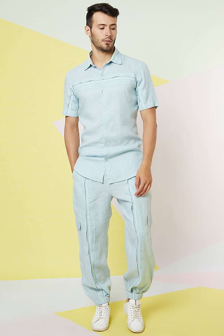 Sky Blue Linen Pleated Jogger Pants by Wendell Rodricks Men