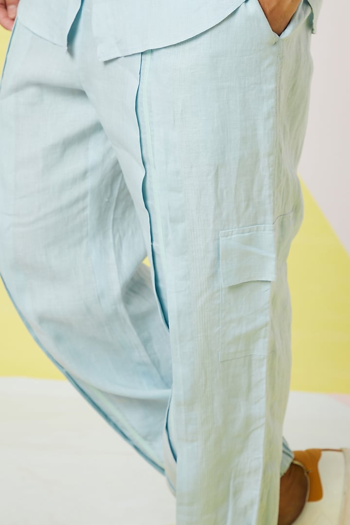 Sky Blue Linen Pleated Jogger Pants by Wendell Rodricks Men at Pernia's Pop Up Shop