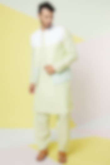 Lettuce Green Linen Color-Blocked Bundi Jacket Set by Wendell Rodricks Men