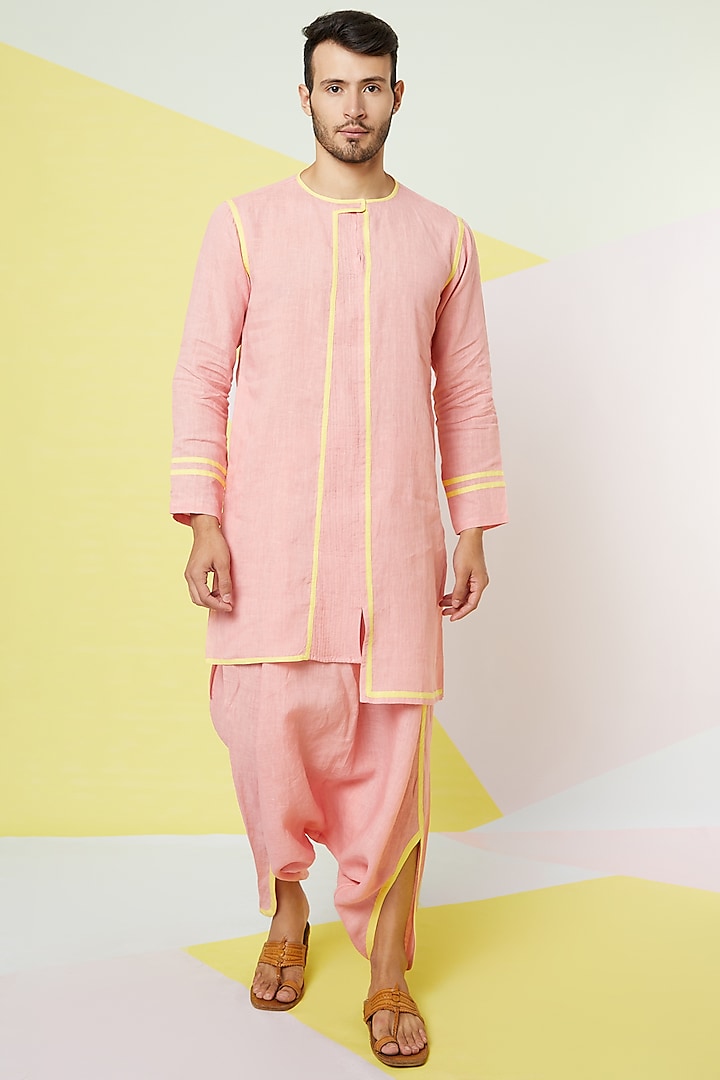 Cherry Blossom Kurta Set With Yellow Tape by Wendell Rodricks Men