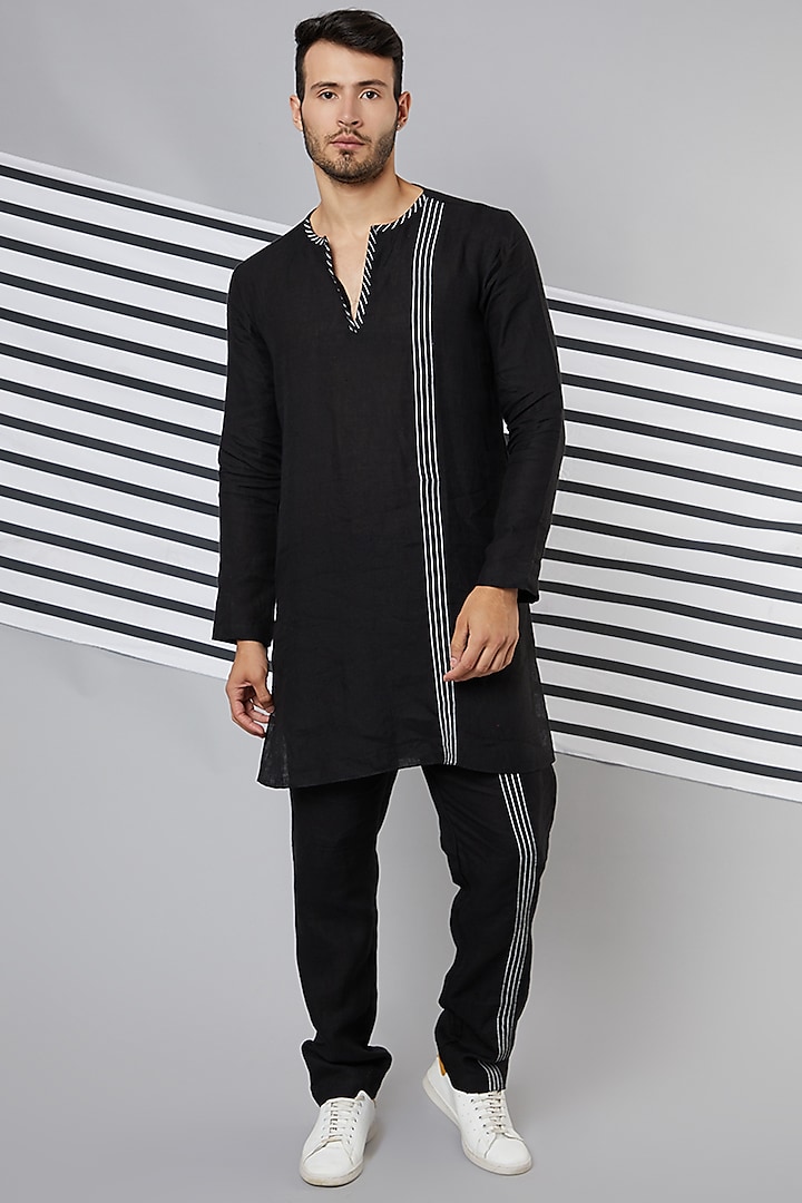 Black Tape Detailed Kurta by Wendell Rodricks Men