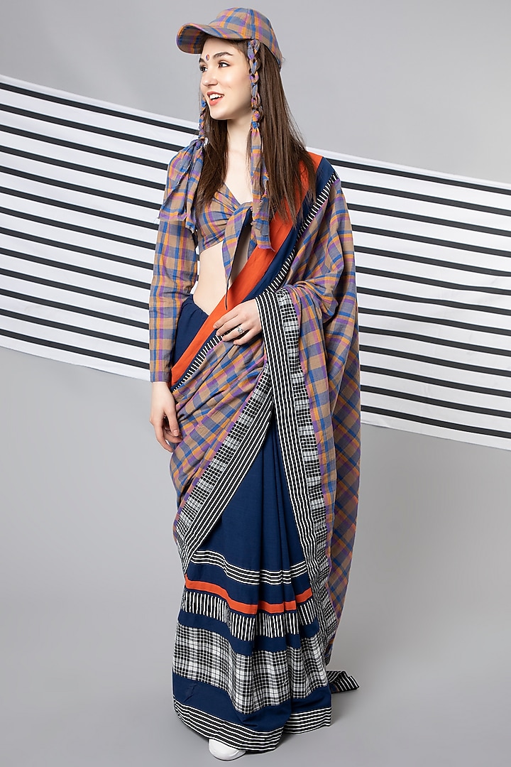 Blue Handloom Cotton Checks Patchwork Saree & Blouse by Wendell Rodricks