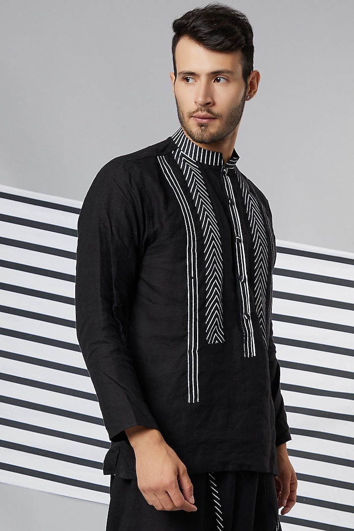 Black Cotton Stripes Printed Party Wear Shirt by Wendell Rodricks Men at Pernia's Pop Up Shop