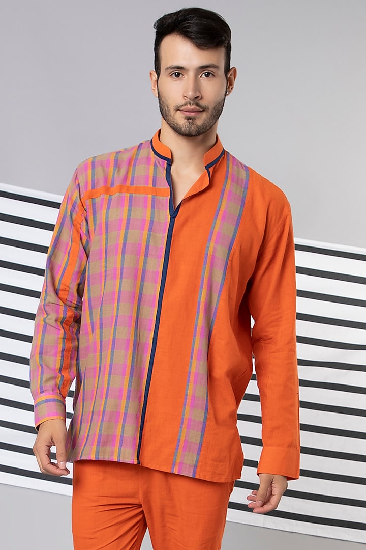 Orange Cotton Checkered Summer Shirt by Wendell Rodricks Men at Pernia's Pop Up Shop