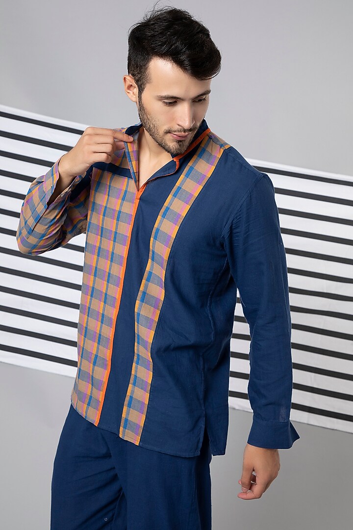 Blue Cotton Checkered Summer Shirt by Wendell Rodricks Men at Pernia's Pop Up Shop