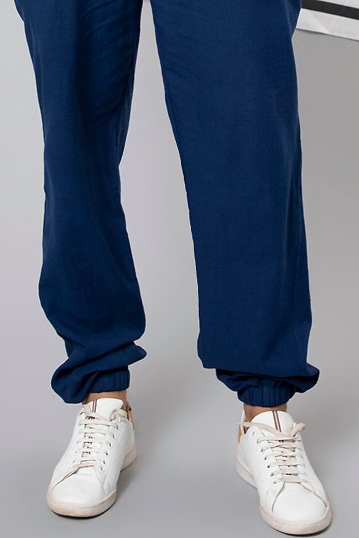 Blue Handloom Cotton Jogger Pants by Wendell Rodricks Men at Pernia's Pop Up Shop
