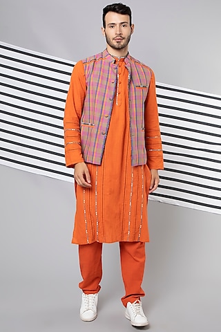 Orange Handloom Cotton Pants by Wendell Rodricks Men
