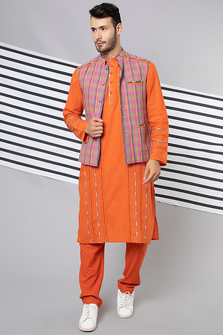 Orange Handloom Cotton Bundi Jacket by Wendell Rodricks Men