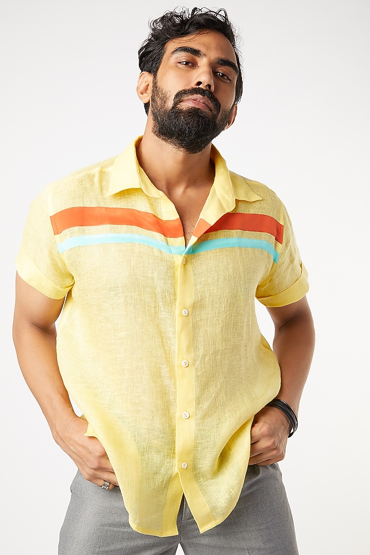 Yellow Gauze Linen Party Wear Shirt by Wendell Rodricks Men at Pernia's Pop Up Shop
