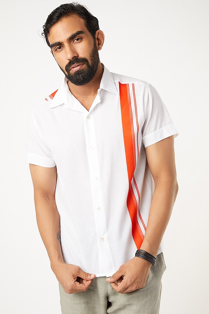 White Party Wear Shirt With Orange Stripes by Wendell Rodricks Men at Pernia's Pop Up Shop