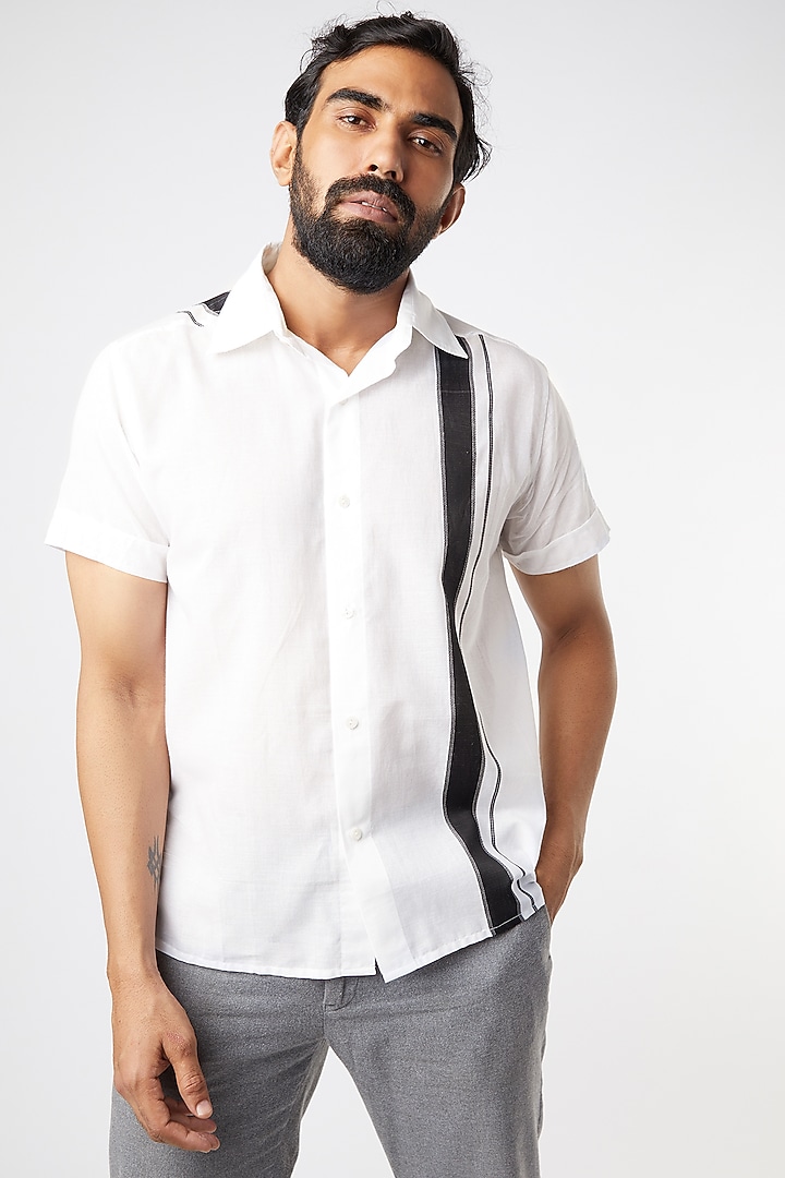 White Party Wear Shirt With Black Stripes by Wendell Rodricks Men at Pernia's Pop Up Shop