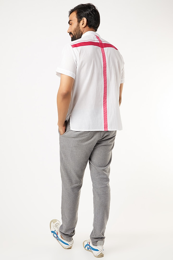 Mundu Cotton White Party Wear Shirt With Fuchsia Stripes by Wendell Rodricks Men at Pernia's Pop Up Shop