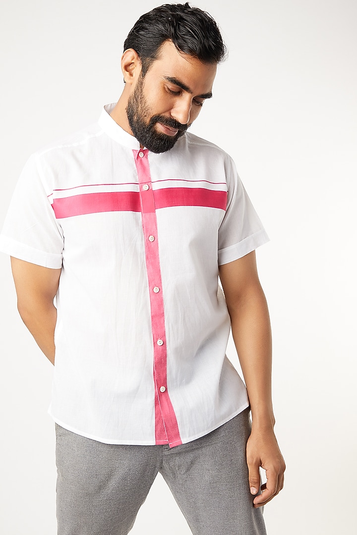 Mundu Cotton White Party Wear Shirt With Fuchsia Stripes by Wendell Rodricks Men at Pernia's Pop Up Shop