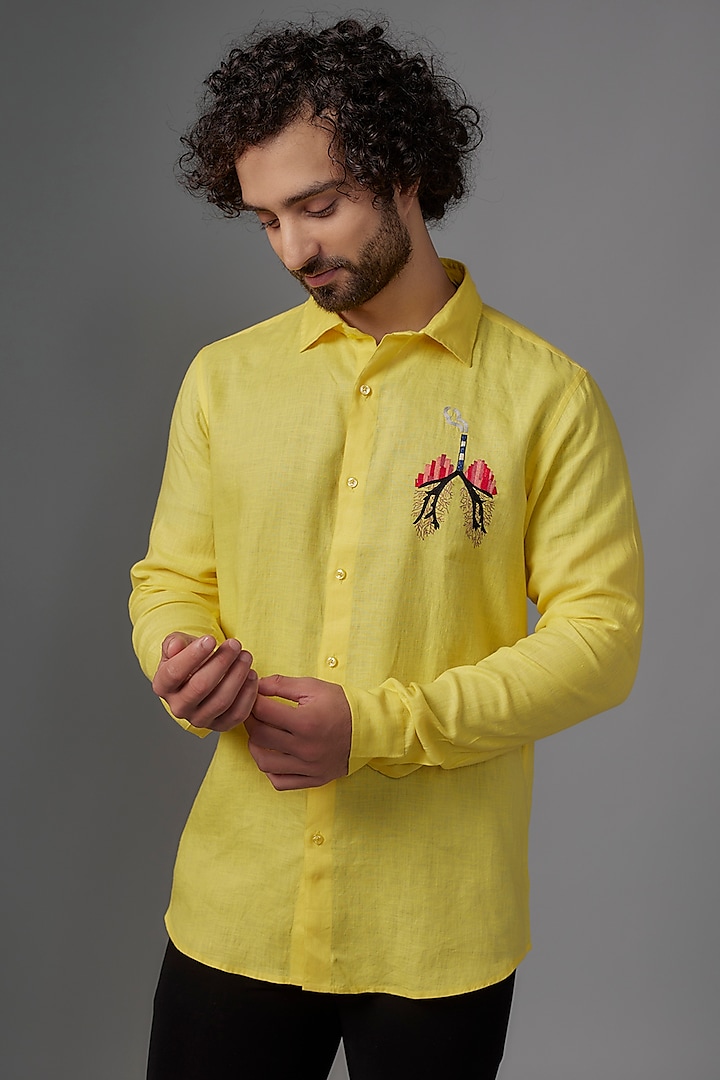 Yellow Linen Shirt by Wendell Rodricks Men at Pernia's Pop Up Shop