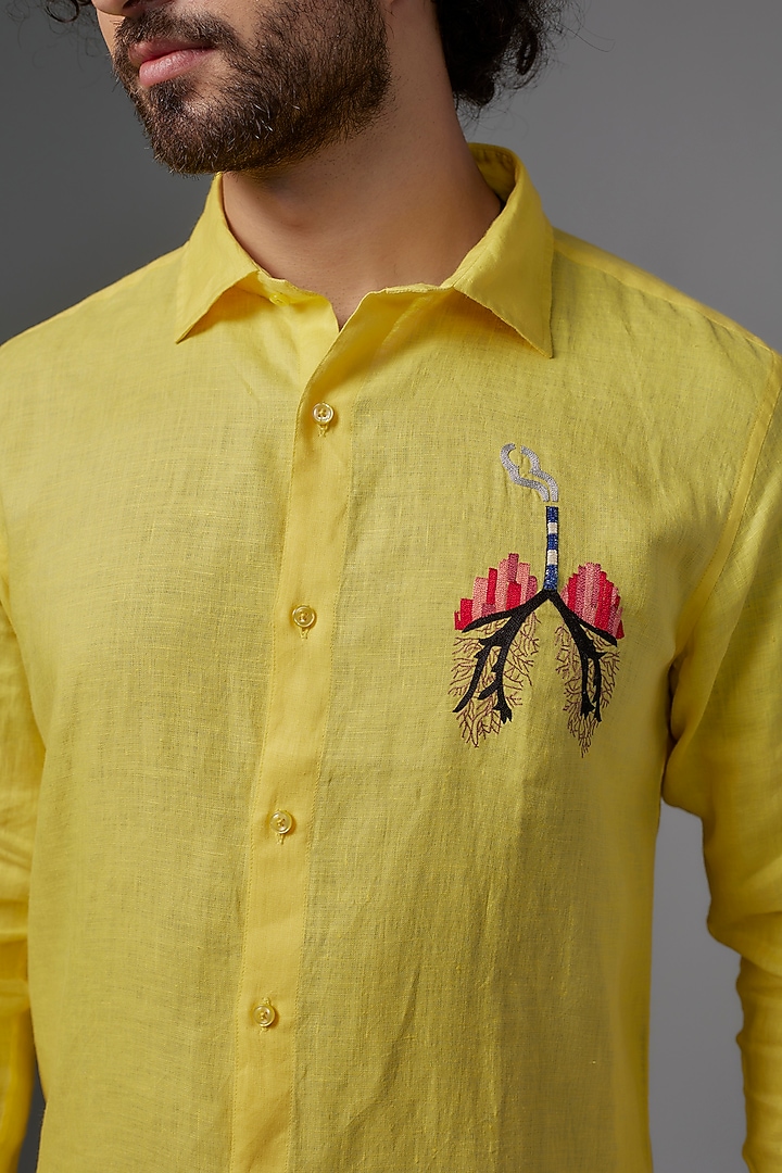 Yellow Linen Party Wear Shirt by Wendell Rodricks Men at Pernia's Pop Up Shop
