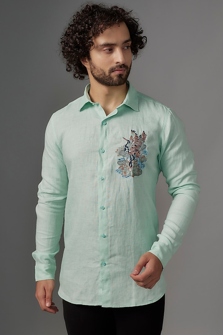 Mint Green Linen Shirt by Wendell Rodricks Men