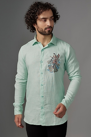 Mint Green Linen Shirt by Wendell Rodricks Men