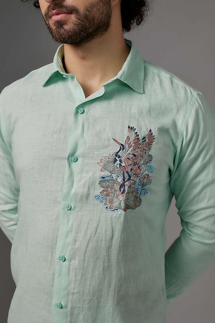 Mint Green Linen Party Wear Shirt by Wendell Rodricks Men at Pernia's Pop Up Shop