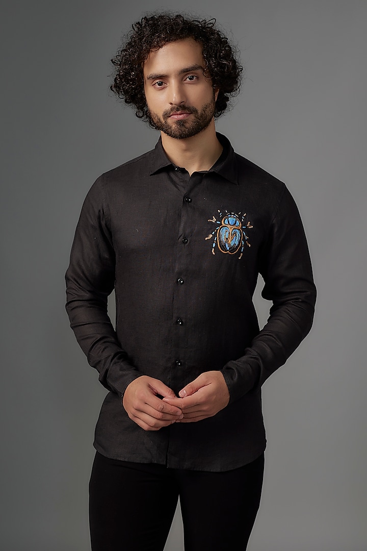 Black Linen Shirt by Wendell Rodricks Men