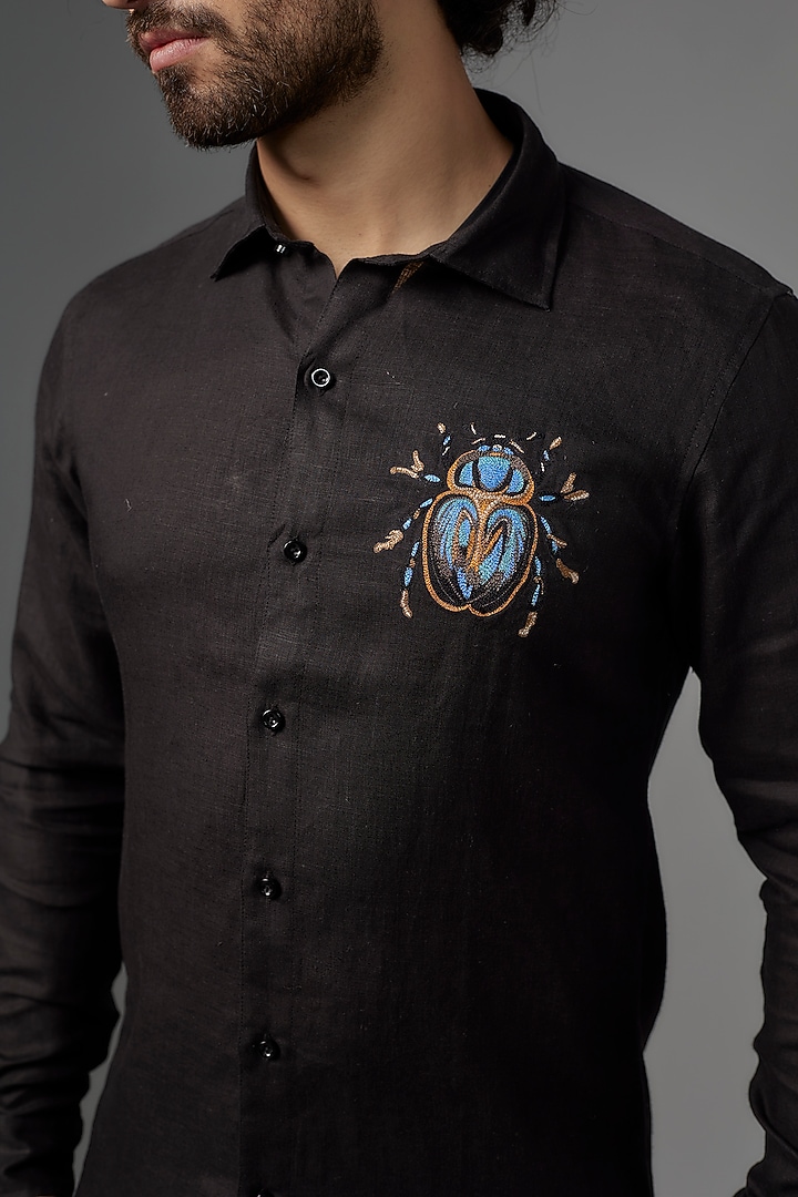 Black Linen Party Wear Shirt by Wendell Rodricks Men at Pernia's Pop Up Shop