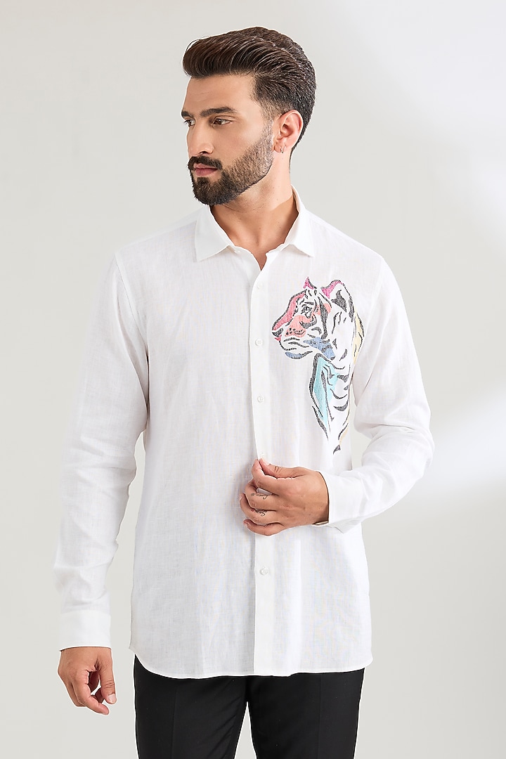 White Linen Party Wear Shirt by Wendell Rodricks Men at Pernia's Pop Up Shop