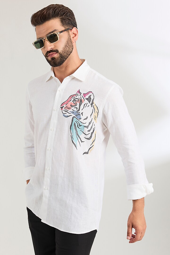 White Linen Party Wear Shirt by Wendell Rodricks Men at Pernia's Pop Up Shop
