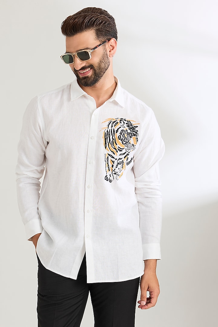 White Linen Party Wear Shirt by Wendell Rodricks Men at Pernia's Pop Up Shop