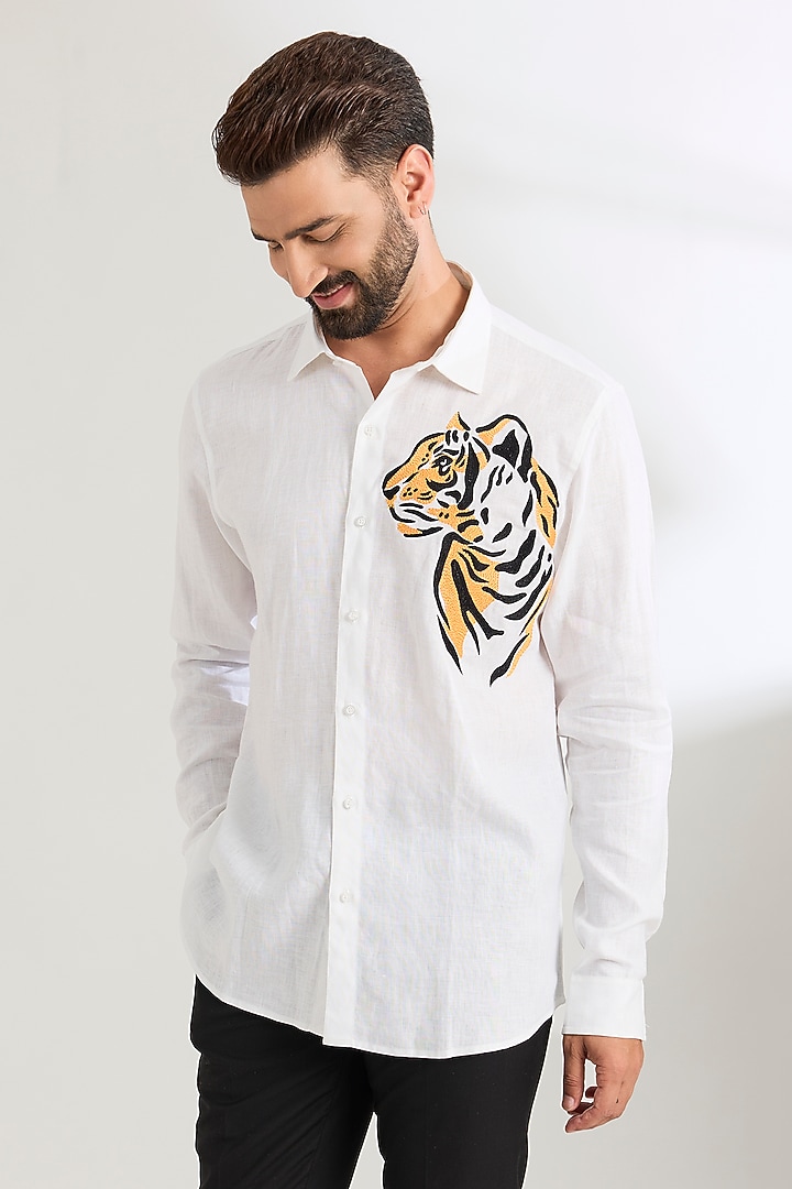 White Linen Party Wear Shirt by Wendell Rodricks Men at Pernia's Pop Up Shop