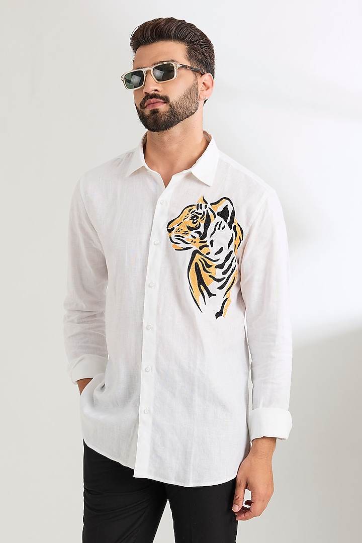 White Linen Party Wear Shirt by Wendell Rodricks Men at Pernia's Pop Up Shop