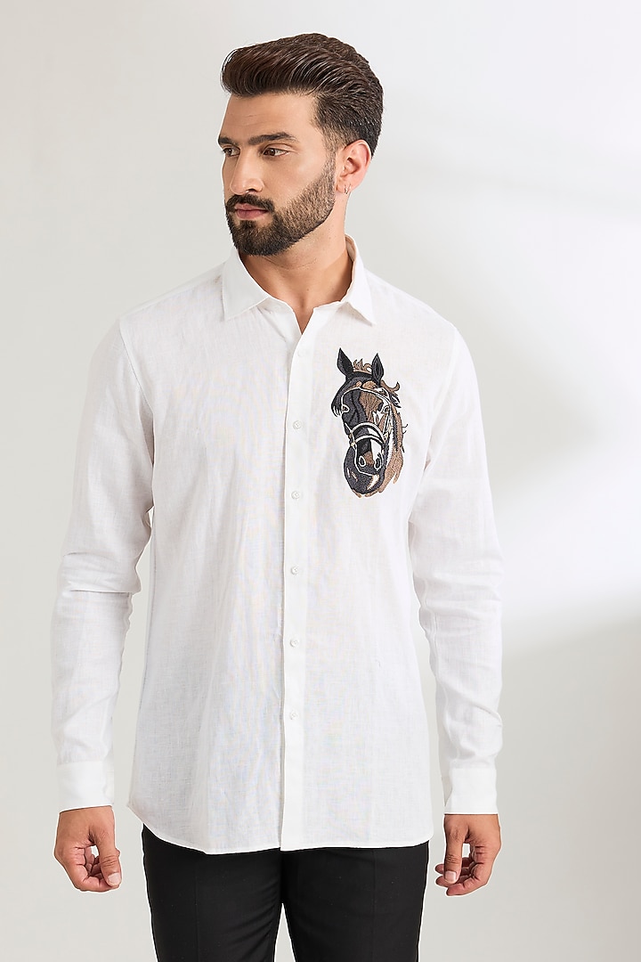 White Linen Party Wear Shirt by Wendell Rodricks Men at Pernia's Pop Up Shop